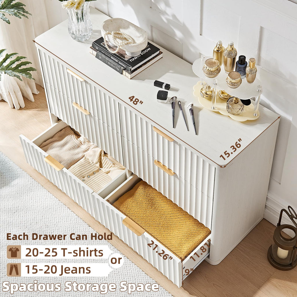 LEYAOYAO 48" Wide Fluted Dresser and 1 Drawers 23" Nightstand Set of 2, Wooden Dresser & Night Stand with Charging Station, 3 Piece Bedroom Furniture Set, Chest of Drawer for Living Room,Antique White