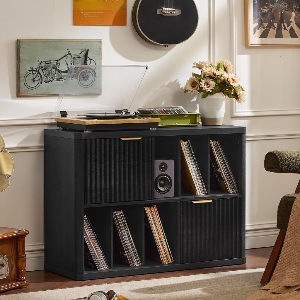 LEYAOYAO Large Record Player Stand with Vinyl Storage Up to 450 Albums, Wood Fluted Record Storage Accent Cabinet, Modern Stereo Media Cabinets, Wide Turntable Stand for Living Room, Antique White