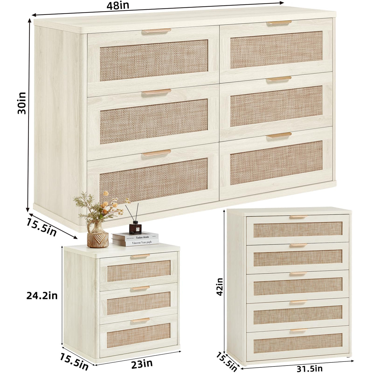 LEYAOYAO Rattan Dresser and Nightstand Set of 3, Boho Wood Dresser for Bedroom with 6 Drawers and Night Stand with Charging Station, Bedroom Furniture, Dressers & Chests of Drawers,Hallway,Living Room