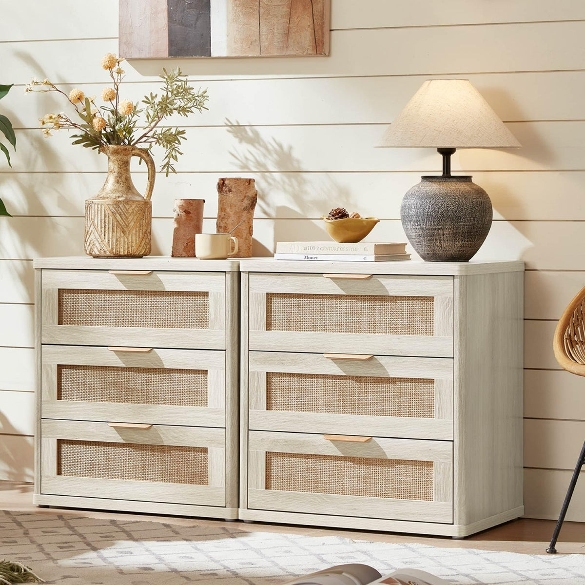 LEYAOYAO Rattan Nightstand Set of 2 with Charging Station, 1 & 2 Drawers Boho Night Stand Dresser for Bedroom, Natural Wood Bedside Table Open Storage Cabinet, Bed Side End Tables, Living Room,Hallway