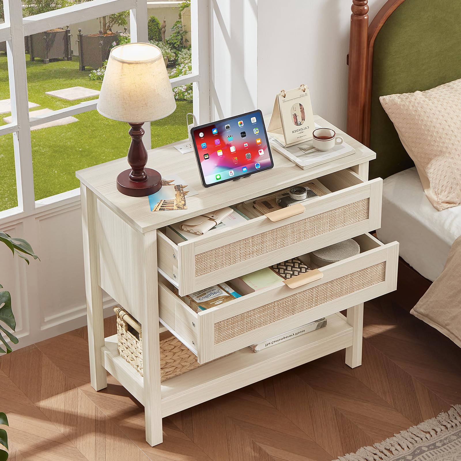 Lerliuo 31.5" Wide Rattan Nightstand,Oversized Large Boho Night Stand with 2 Drawers, 30" Tall Grey White Bedside Table with Storage Shelf, Bed Side End Tables for Bedroom, Living Room, Hallway