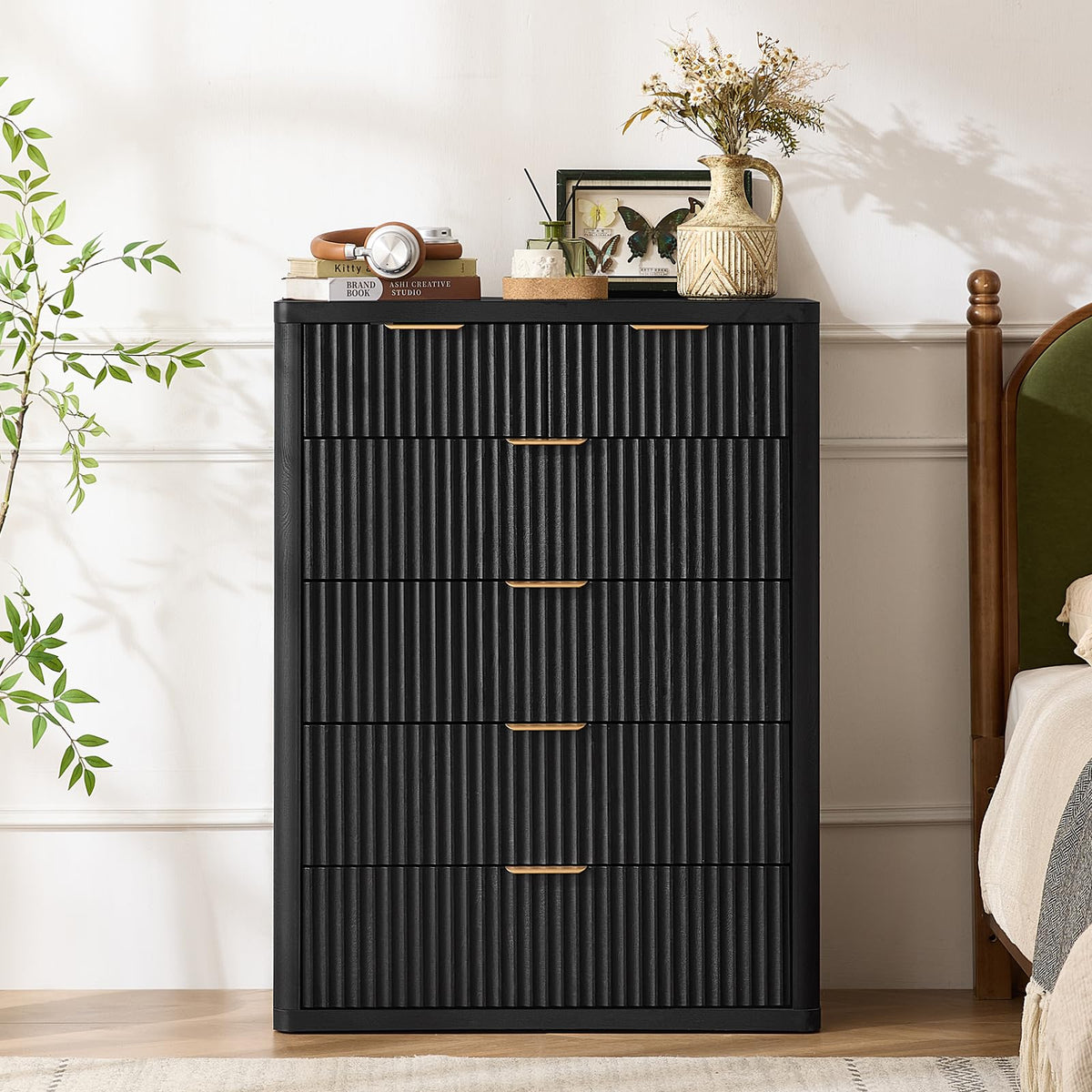 LEYAOYAO Fluted Dressers & Nightstand Set of 4, Wood 48" Wide Dresser & 42" Tall Chest of Drawers,Modern Bedroom Furniture Sets, Black Wooden Nightstand Set of 2 with 2 Drawers & Charging Station