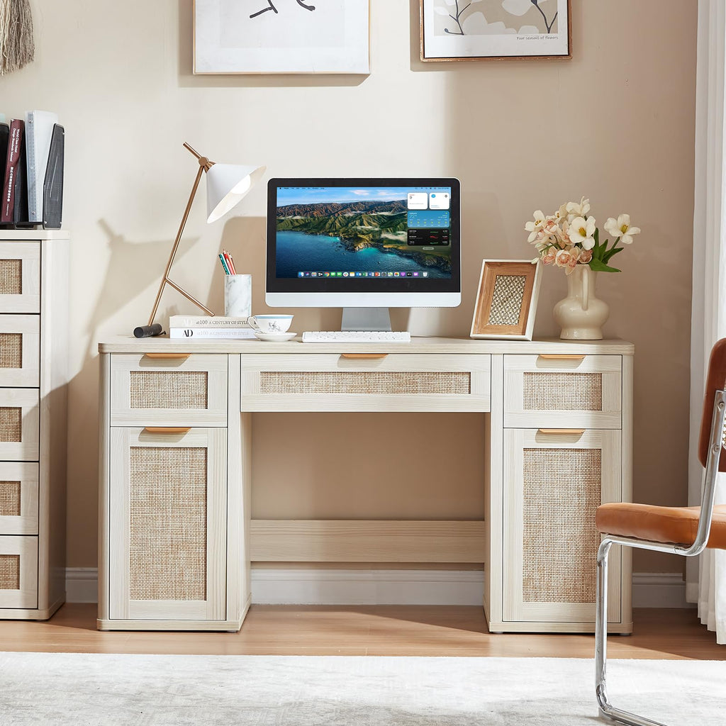 LEYAOYAO Office Desk 56" with 5 Drawers Storage File Cabinet, Natural