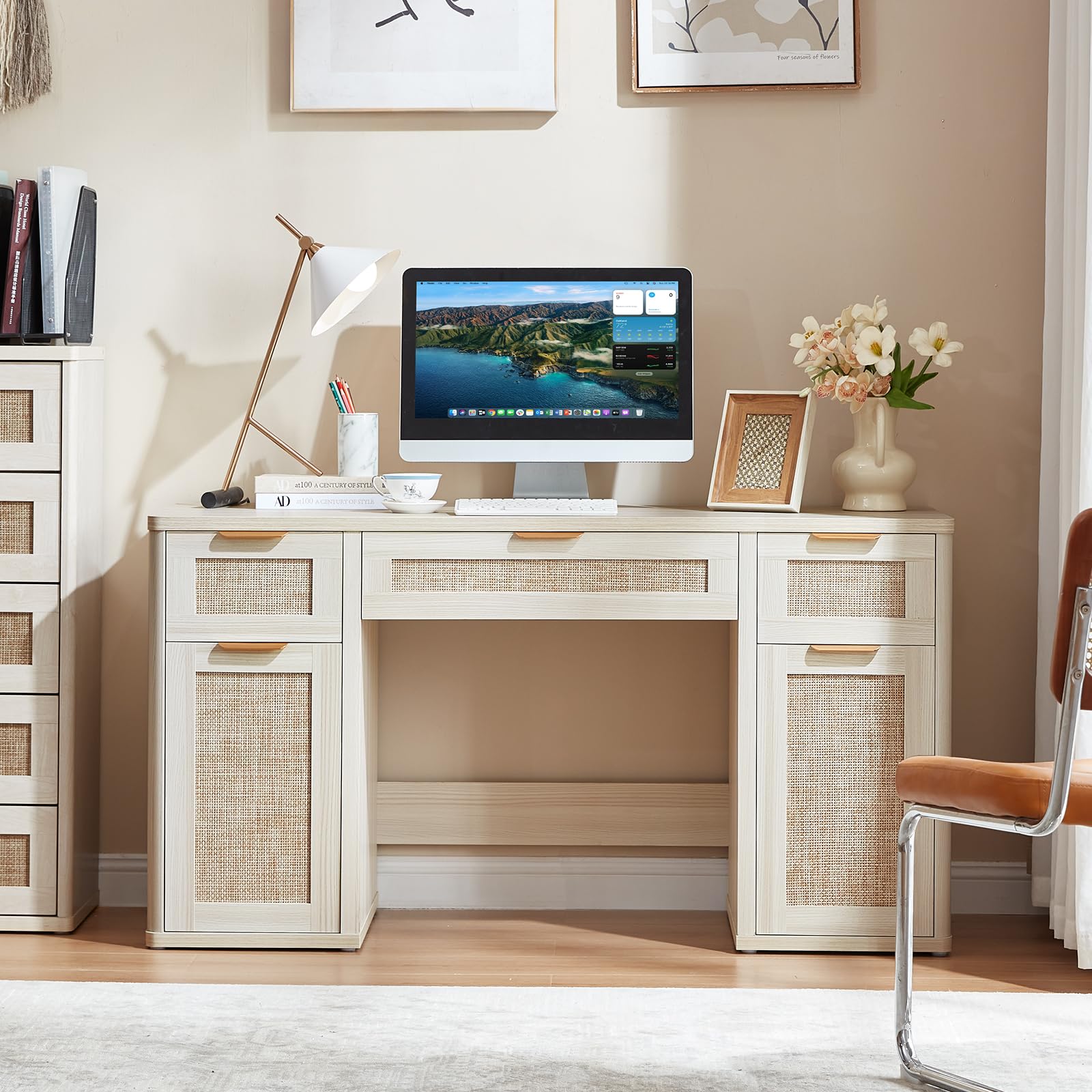 LEYAOYAO Office Desk 56" with 5 Drawers Storage File Cabinet, Natural