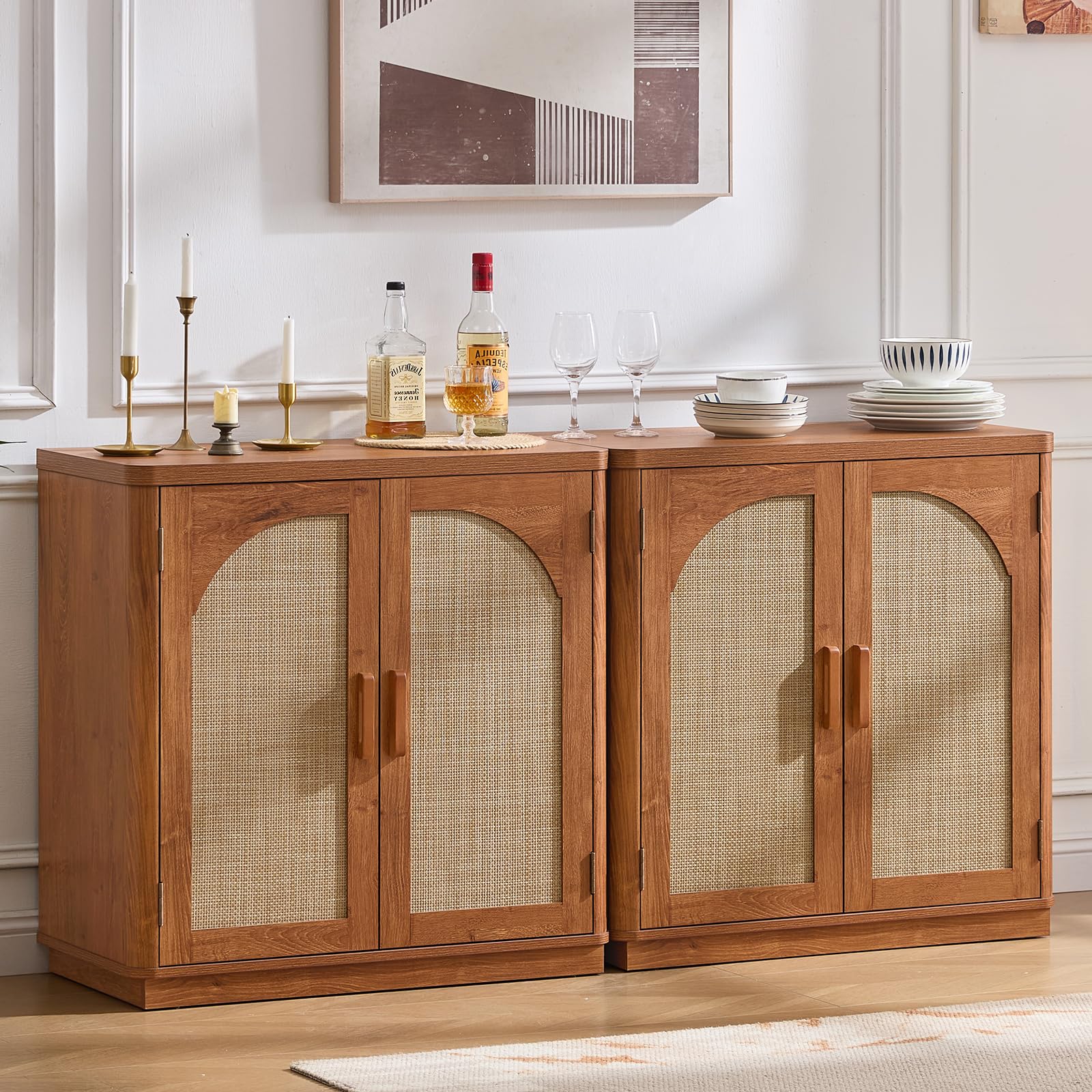 LEYAOYAO Rattan Sideboard Buffet Cabinet with Storage, 31.5" Coffee Bar Cabinet with Arch Doors & Adjustable Shelves, Wood Credenza, Boho Accent Cabinet for Kitchen, Living Room, Natural