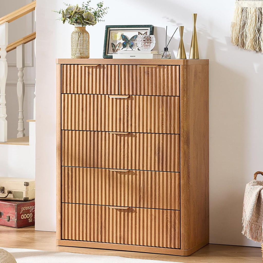 LEYAOYAO Fluted 6 Drawers Dresser for Bedroom Set of 2, 42" Tall Modern Chest of Drawers with Metal Handle, Curved Profile Design,Brown Wood Drawer Organizer for Bedroom, Living Room, Hallway