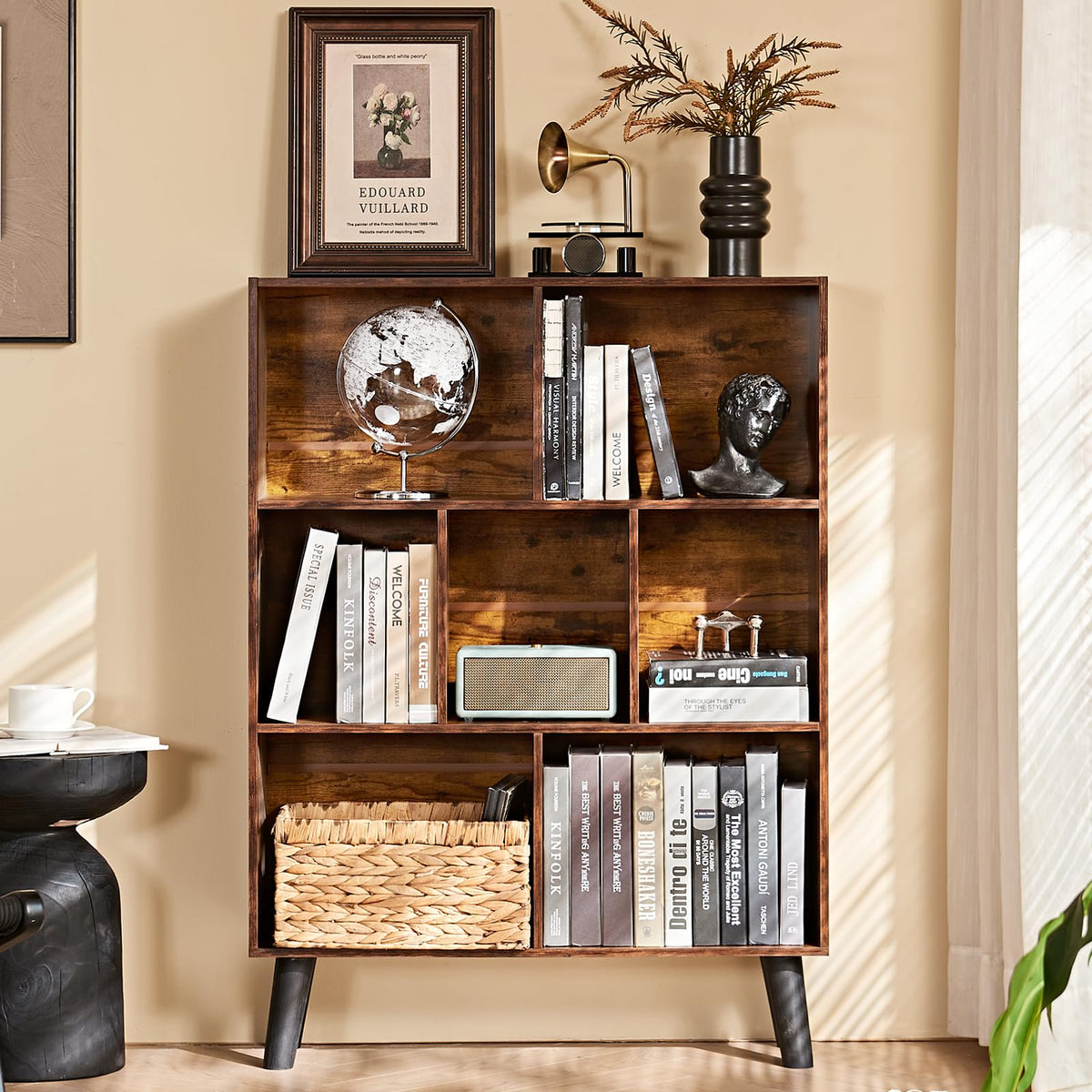 LEYAOYAO 7 Cube Bookshelf, Mid-Century Modern Bookcase Legs,Black Wooden Book Shelves, Wood 3-Tier Freestanding Storage Organizer Display Shelf for Bedroom,Living Room,Office