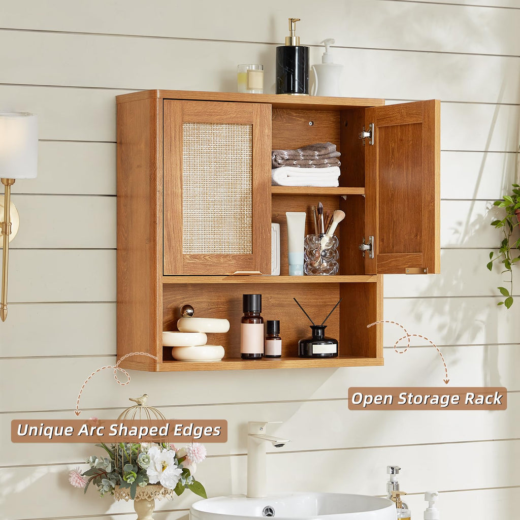 Lerliuo Rattan Bathroom Wall Cabinet, Boho Natural Medicine Cabinet with Adjustable Wood Shelf, 2 Doors Over The Toilet Storage Cabinets for Laundry Room, Kitchen, Living Room