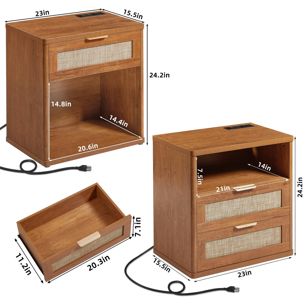 LEYAOYAO Rattan Nightstand Set of 2 with Charging Station, 1 & 2 Drawers Boho Night Stand Dresser for Bedroom, Natural Wood Bedside Table Open Storage Cabinet, Bed Side End Tables, Living Room,Hallway