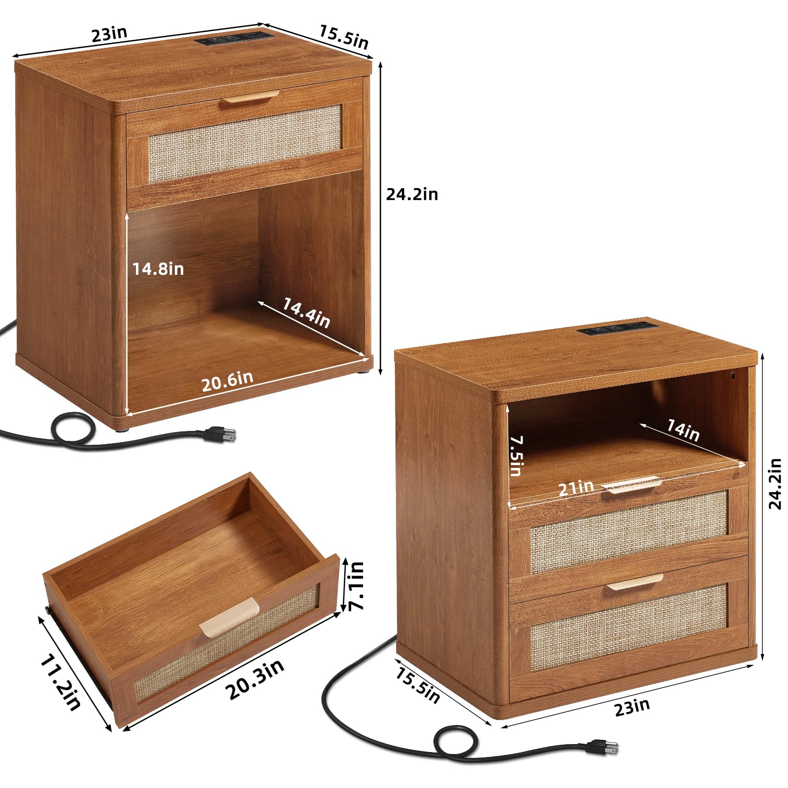 LEYAOYAO Rattan Nightstand Set of 2 with Charging Station, 1 & 2 Drawers Boho Night Stand Dresser for Bedroom, Natural Wood Bedside Table Open Storage Cabinet, Bed Side End Tables, Living Room,Hallway