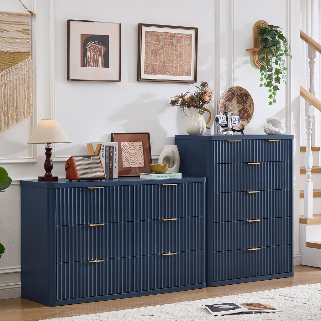LEYAOYAO Fluted 6 Drawers Dresser for Bedroom Set of 2, 42" Tall Modern Chest of Drawer with Metal Handle, Curved Profile Design,Brown Wood Drawer Organizer for Bedroom, Living Room, Hallway