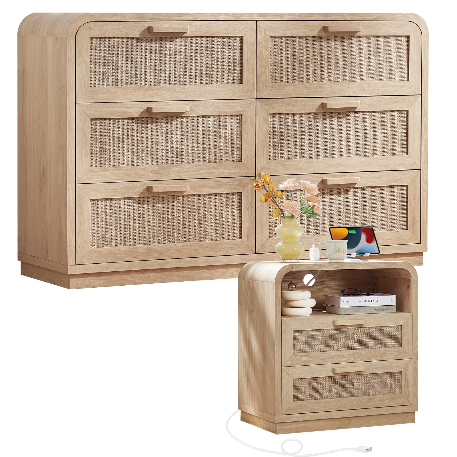 LEYAOYAO Curved Boho Dresser & Nightstand Set of 3, Natural Wood