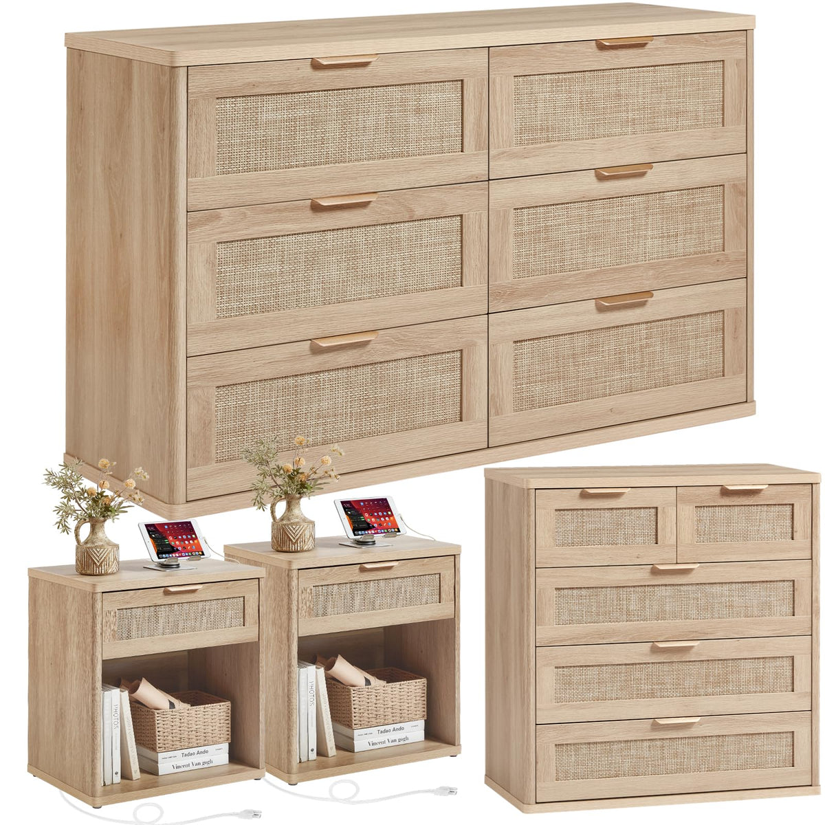 LEYAOYAO Rattan Dresser and Nightstand Sets 4 Piece, Boho Wood Dresser for Bedroom with 6 Drawers and Night Stand with Charging Station, Bedroom Furniture, Dressers & Chests of Drawers, Hallway