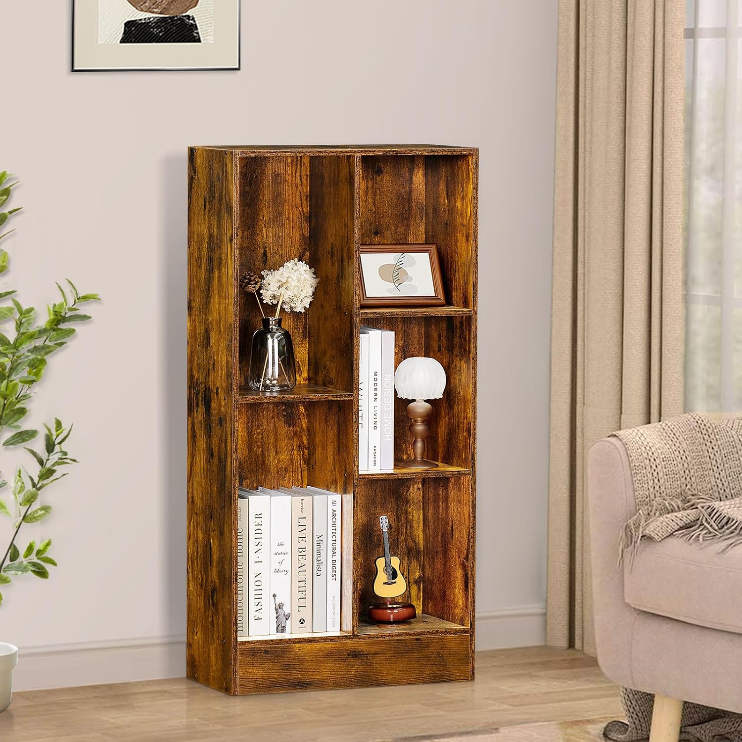 LEYAOYAO 5 Cube Mid-Century Modern Brown Wood Bookcase, 3 Tier Storage Organizer Shelf, Rustic Display Cabinet for Bedroom, Living Room, Office