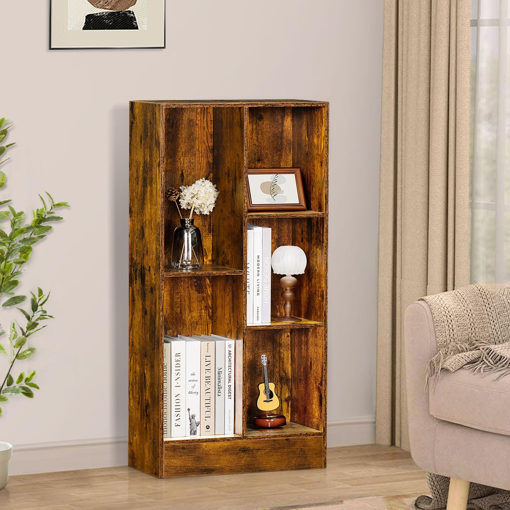 LEYAOYAO 5 Cube Mid-Century Modern Brown Wood Bookcase, 3 Tier Storage Organizer Shelf, Rustic Display Cabinet for Bedroom, Living Room, Office