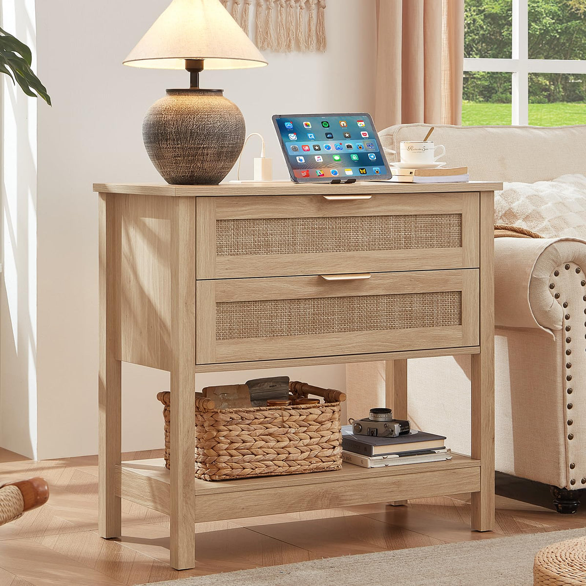 Lerliuo 31.5" Wide Rattan Nightstand,Oversized Large Boho Night Stand with 2 Drawers, 30" Tall Grey White Bedside Table with Storage Shelf, Bed Side End Tables for Bedroom, Living Room, Hallway