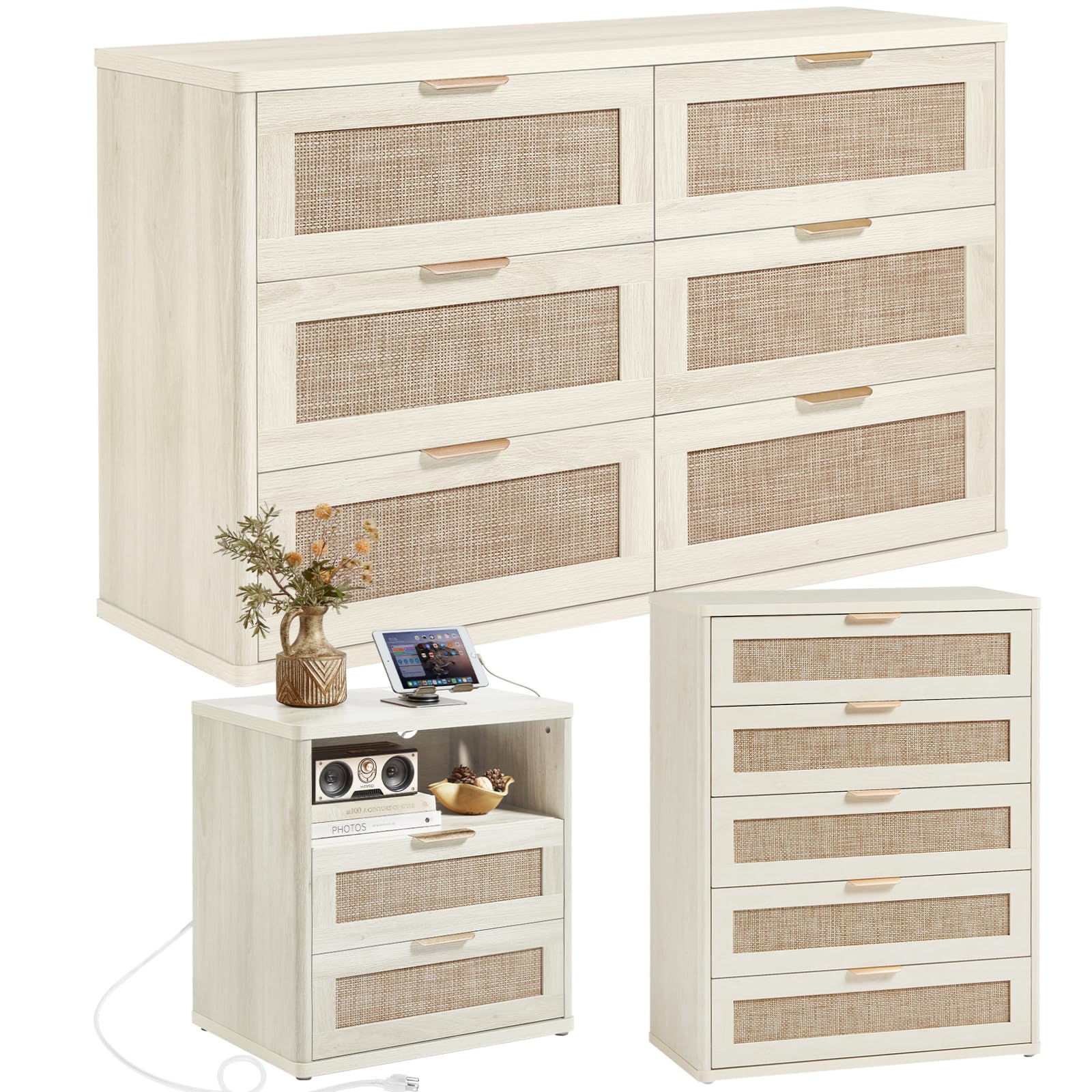 LEYAOYAO Rattan Dresser and Nightstand Set of 3, Boho Wood Dresser for Bedroom with 6 Drawers and Night Stand with Charging Station, Bedroom Furniture, Dressers & Chests of Drawers,Hallway,Living Room