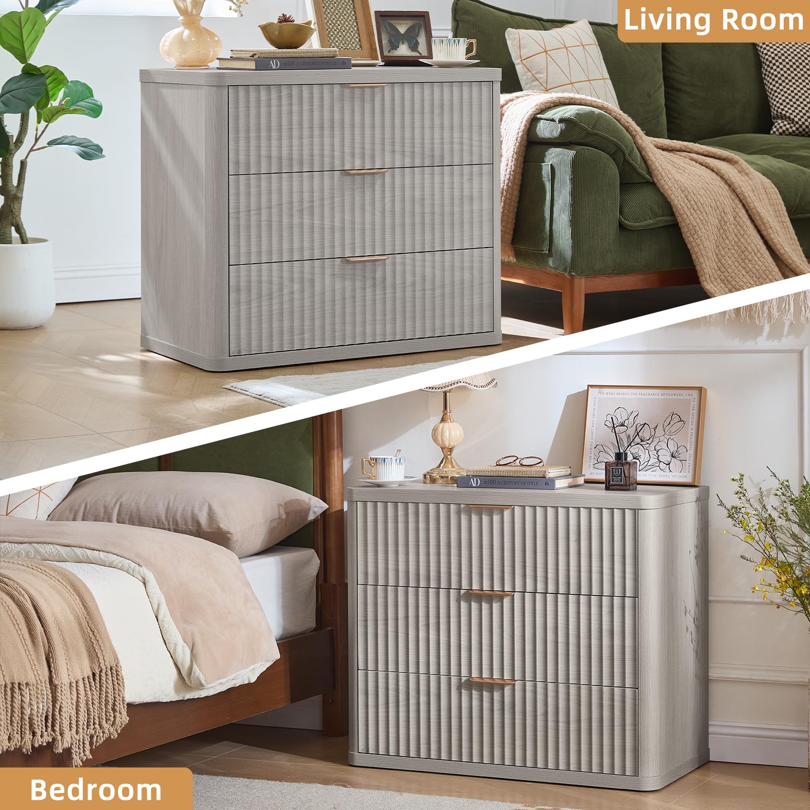 LEYAOYAO 31.5" Wide Fluted Nightstand, Oversized Night Stand, Antique White