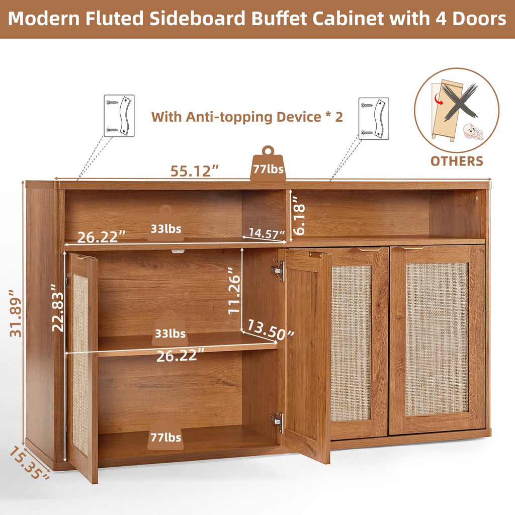 LEYAOYAO 45-Inch Fluted Buffet Cabinet with 3 Doors,Dark Blue