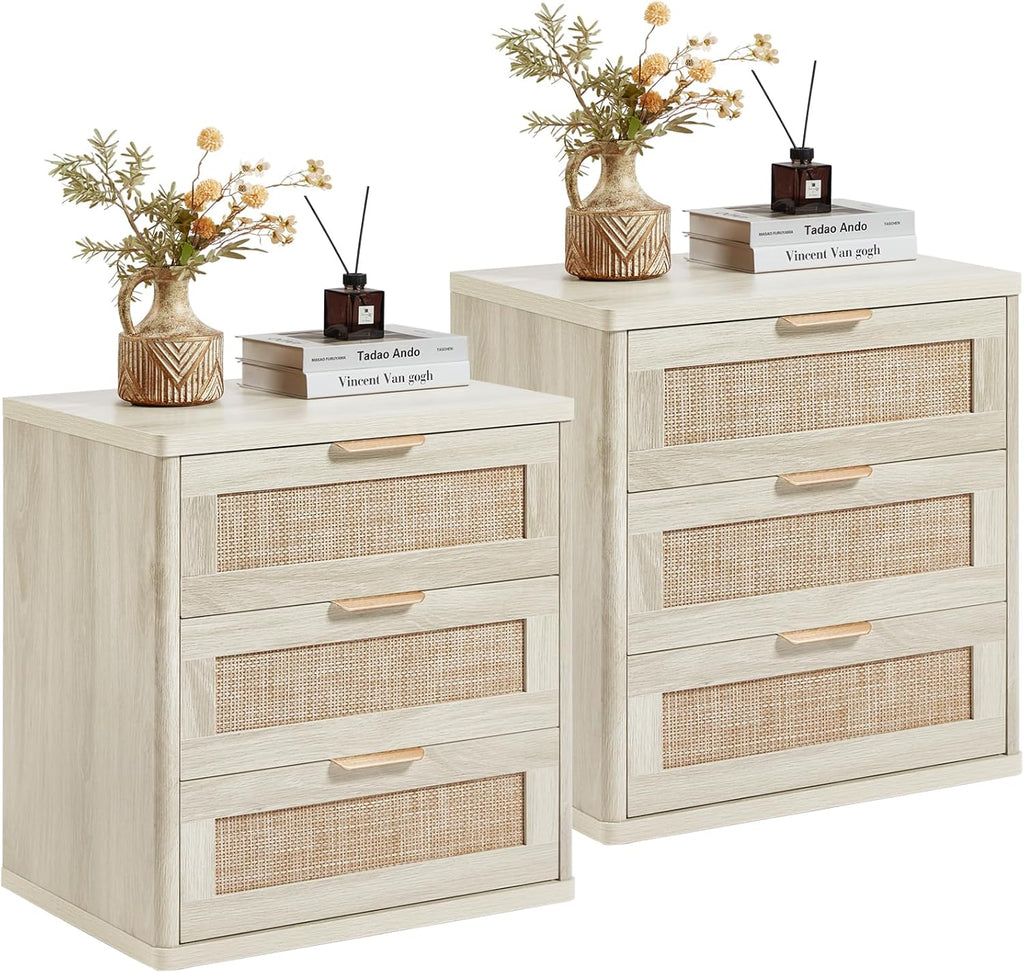 LEYAOYAO Rattan Night Stand Set 2 with Drawers, 23" Large Boho Nightstand, 3 Drawer Grey White Bedside Table Storage Cabinet, Bed Side End Tables Chest of Drawers, Living Room, Hallway, Closet