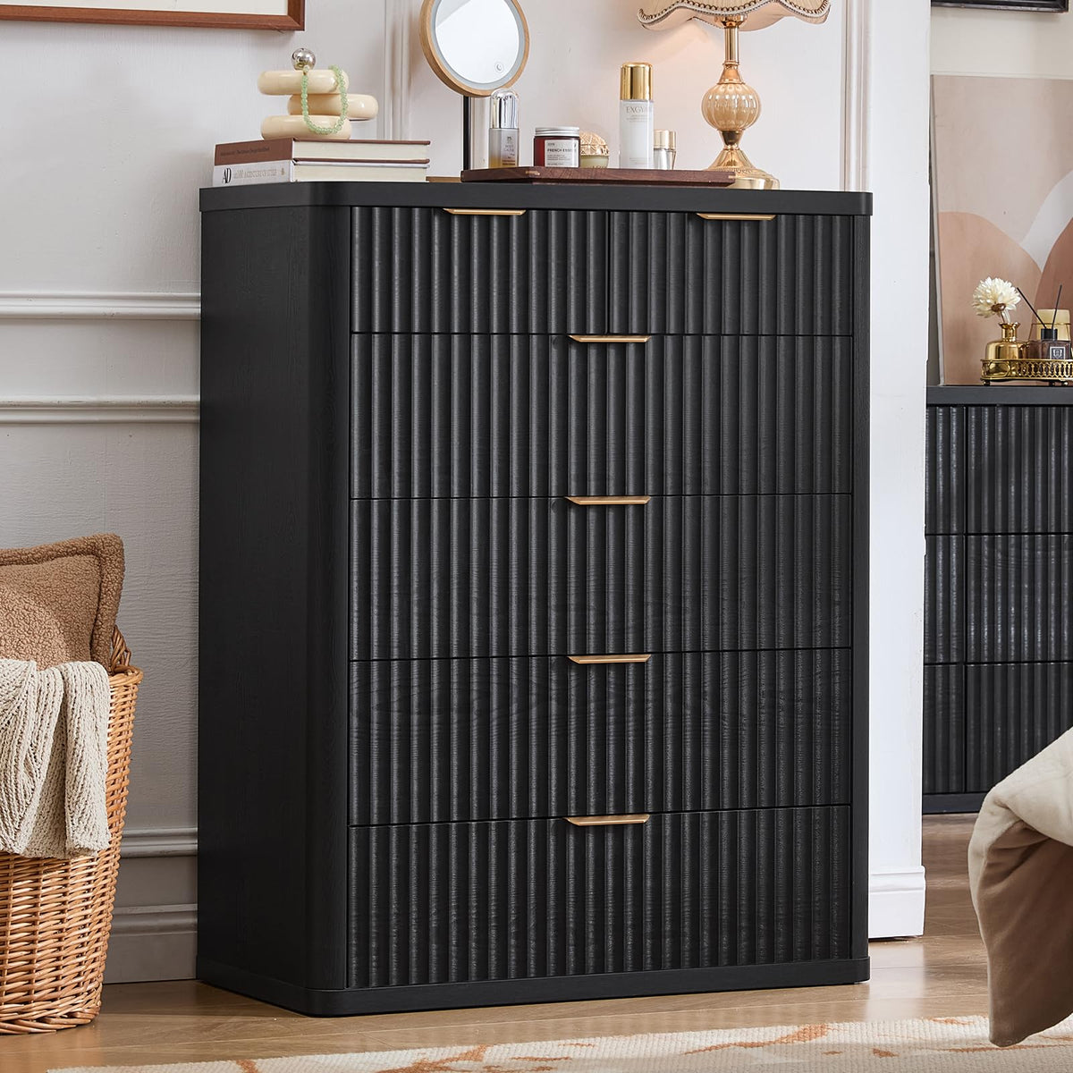 LEYAOYAO 23" Wide Fluted Night Stand with Charging Station, 3 Drawers Large End Table with Storage, LightGrey Nightstand Wood Bedside Tables, Farmhouse Cabinet Dresser for Bedroom, Closet