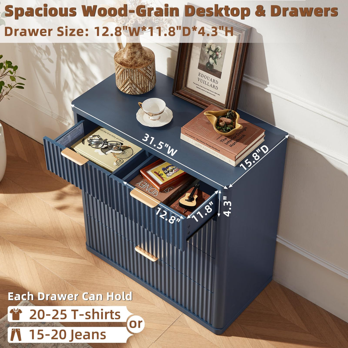 LEYAOYAO Fluted 5 Drawers Dresser for Bedroom, 41" Tall Modern Chest of Drawers with Metal Handle, Curved Profile Design,Natural Wood Drawer Organizer for Bedroom, Living Room, Hallway, Entryway