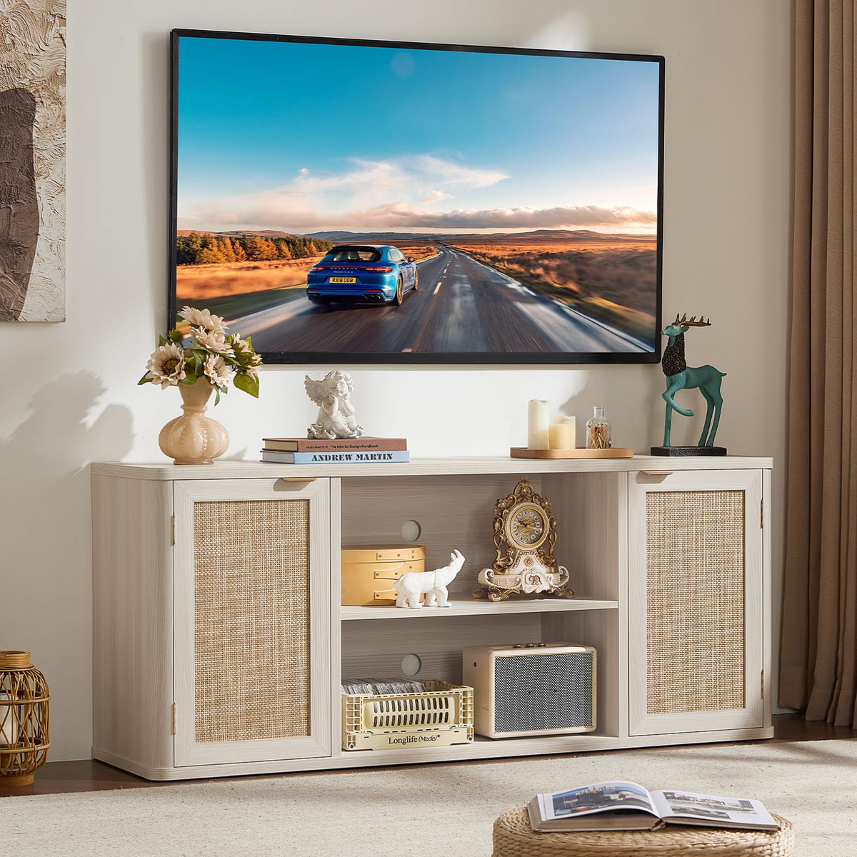 LEYAOYAO Rattan TV Stands for Living Room, Walnut