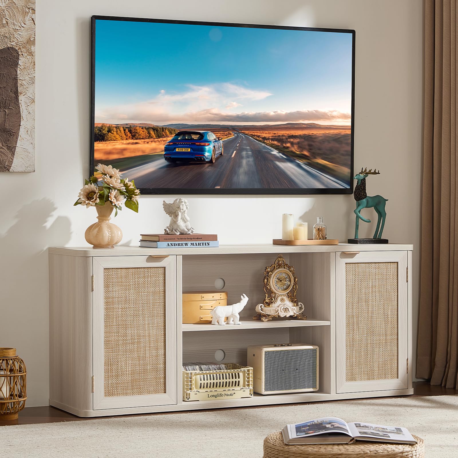 LEYAOYAO Rattan TV Stands for Living Room, Walnut