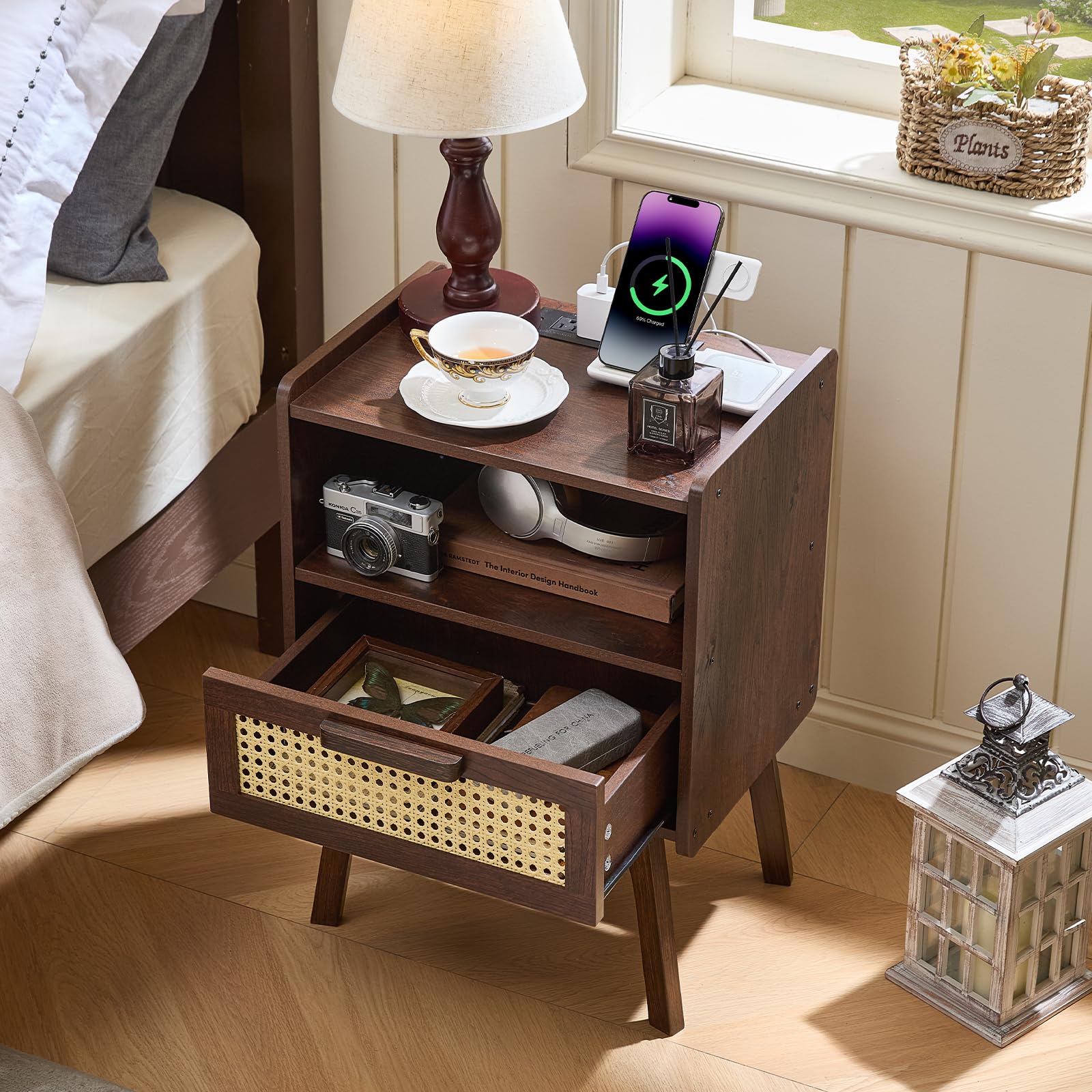 Lerliuo Rattan Nightstand with Charging Station, Boho Night Stand
