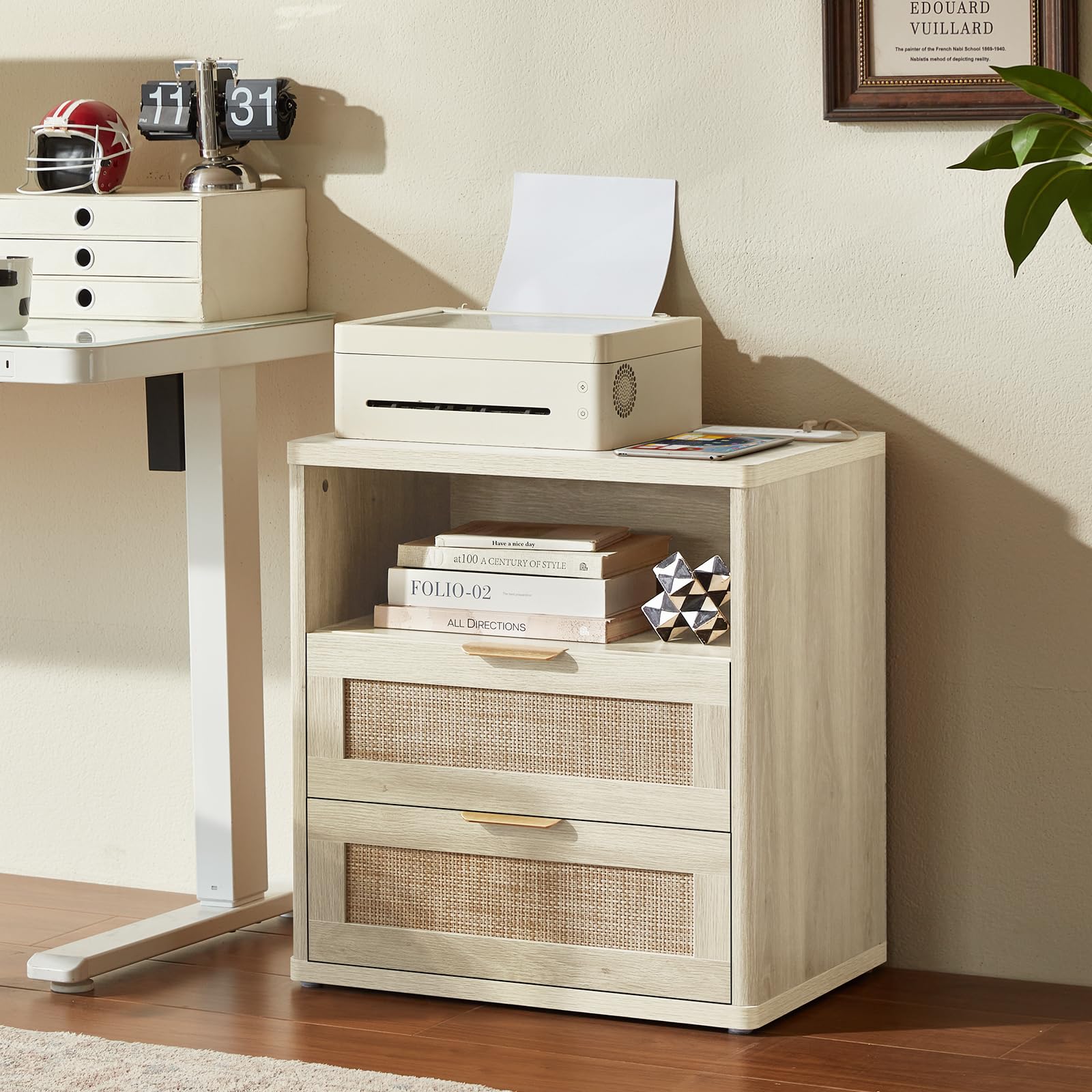 LEYAOYAO Rattan Nightstands Set of 2 with Charging Station, Boho Night Stand Dresser for Bedroom with Drawer, Grey White Bedside Table Open Storage Cabinet, Bed Side End Table, Living Room, Hallway