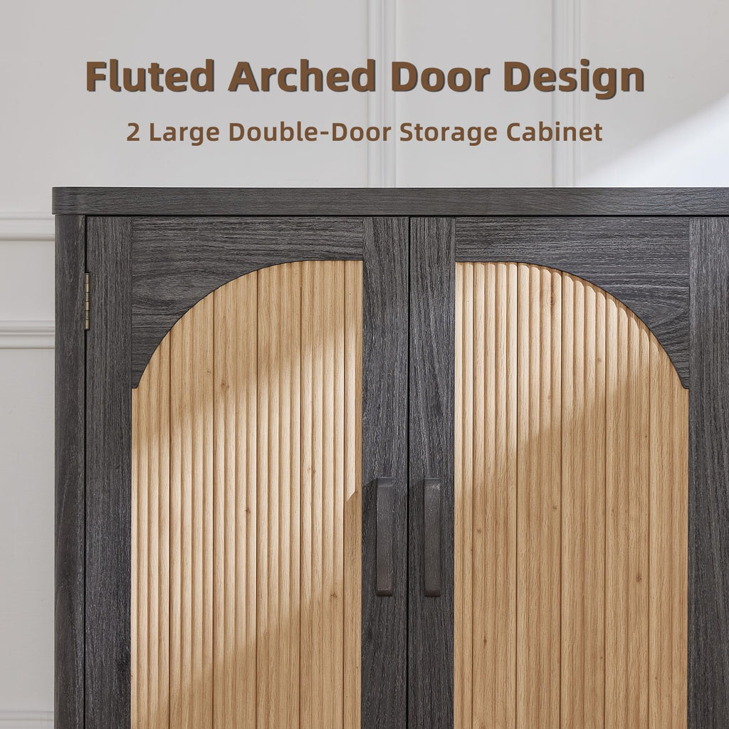 LEYAOYAO Fluted Buffet Cabinet with Storage, 31.5" Coffee Bar Cabinet with Arch Doors & Adjustable Shelves, Mid Century Modern Sideboard, Wood Credenza for Kitchen, Living Room, Natural