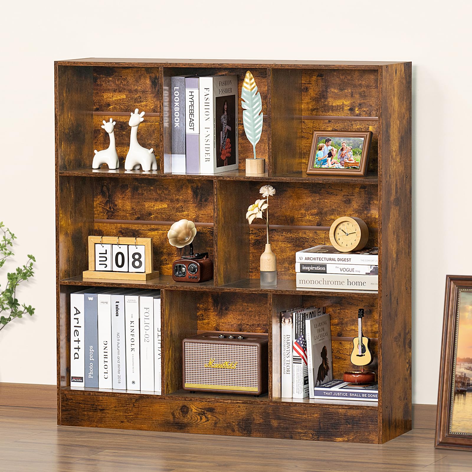 LEYAOYAO 7 Cube Bookshelf with Base,3 Tier Mid-Century Modern Blue Bookcase,Standing Wide Bookshelves Storage Organizer Shelf,Rustic Wood Display Cabinet Book Shelves for Bedroom,Living Room,Office