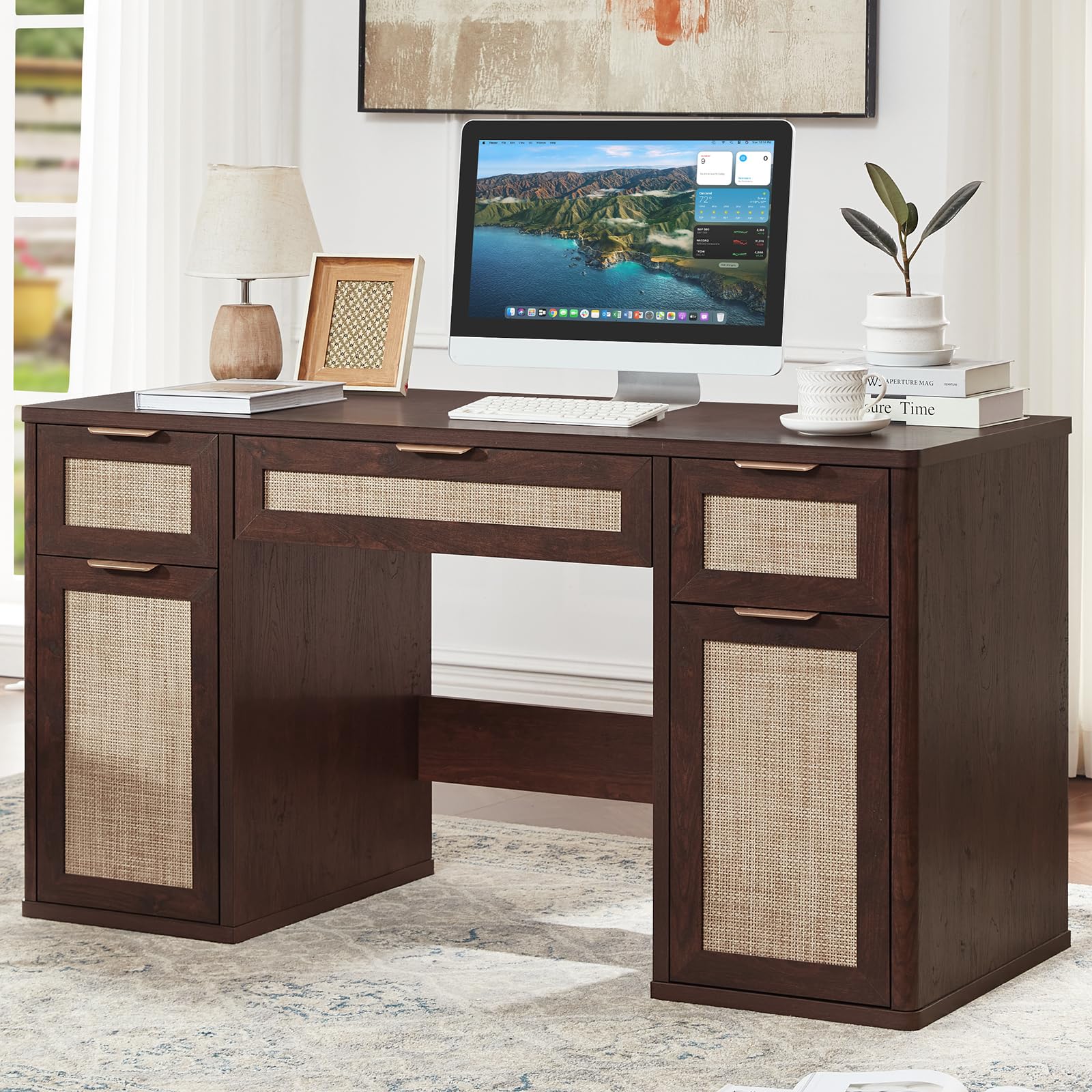 LEYAOYAO Office Desk 56" with 5 Drawers Storage File Cabinet, Natural