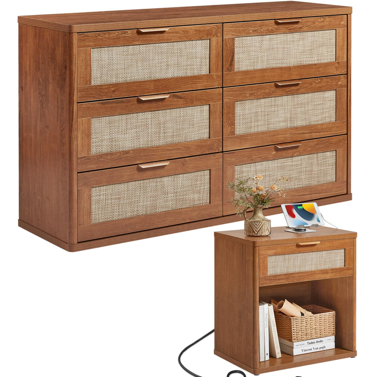 LEYAOYAO Rattan Dresser and Nightstand Sets 3 Piece, Natural