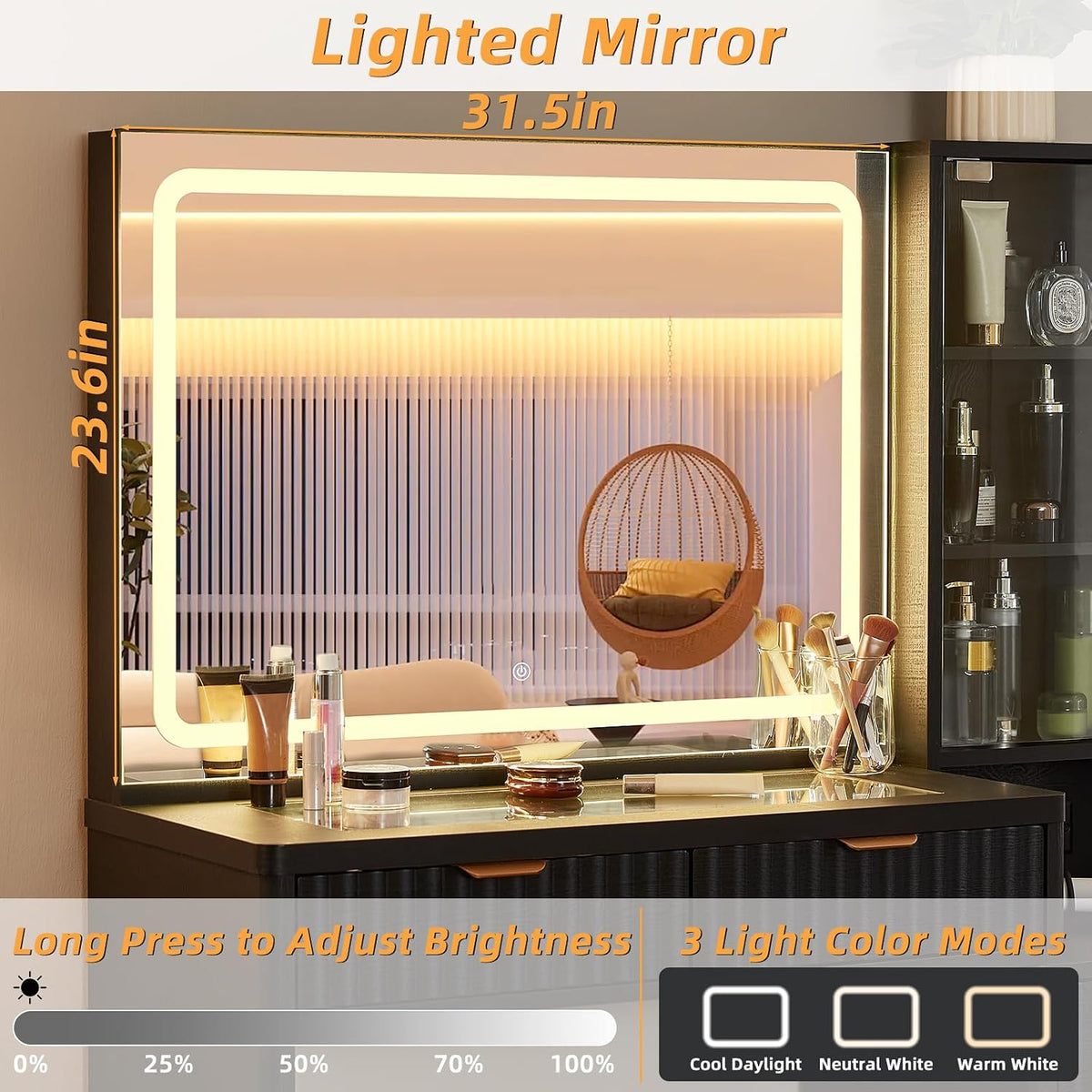 LEYAOYAO Fluted Makeup Vanity Desk with Mirror and Lights, Stool Sets