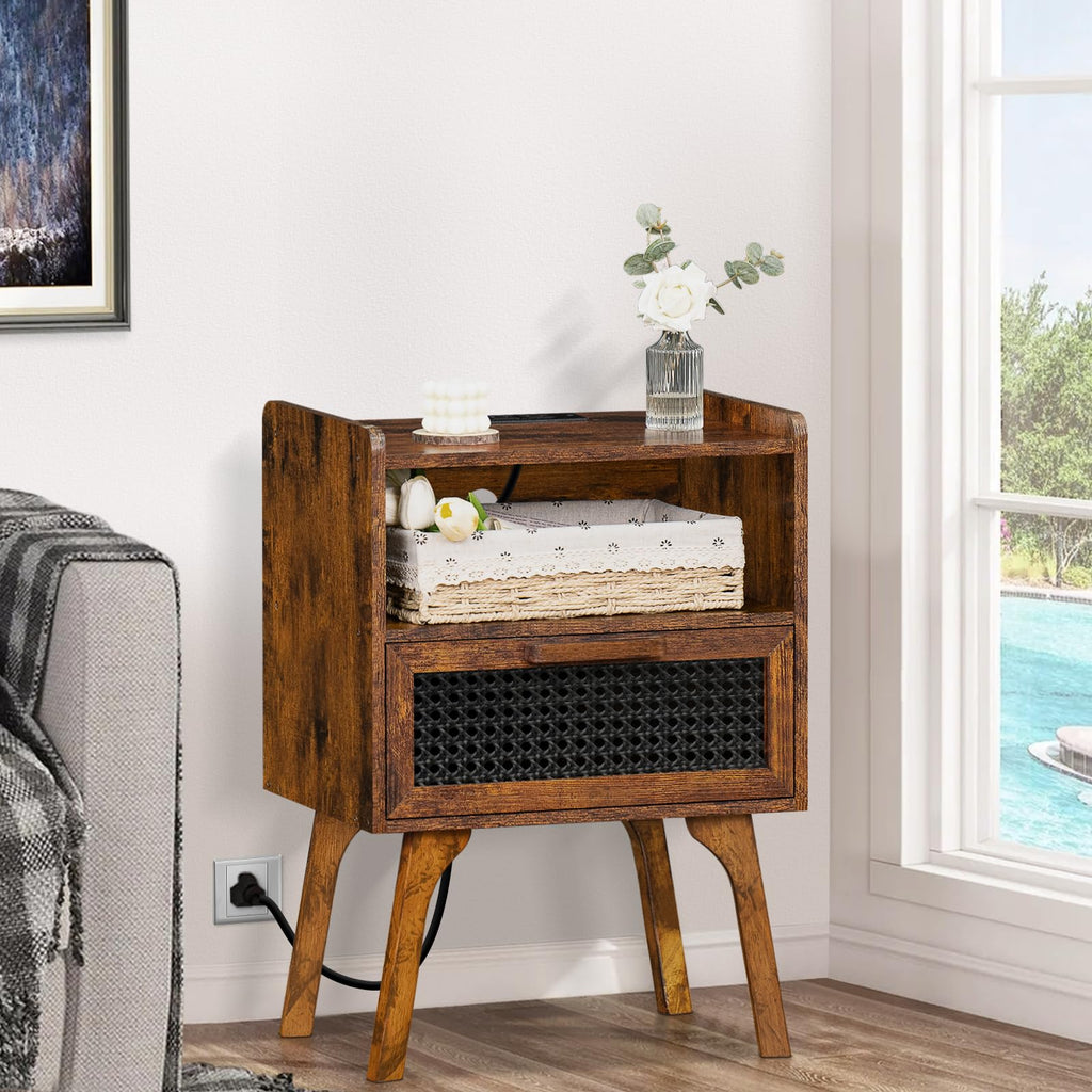 Lerliuo Rattan Nightstand with Charging Station, Boho Night Stand