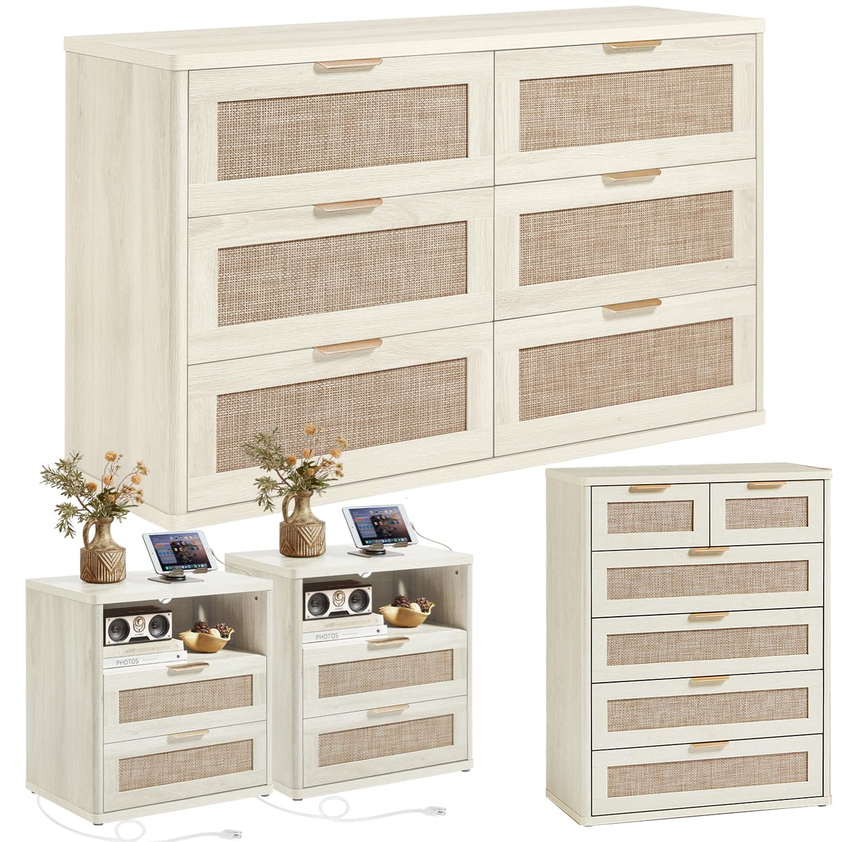 LEYAOYAO Rattan Dresser and Nightstand Sets 4 Piece, Natural