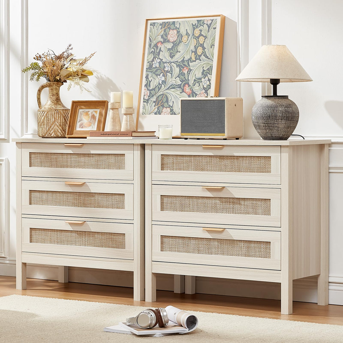 LEYAOYAO 26.8" Wide Rattan Nightstands Set of 2, Large Boho Night Stand