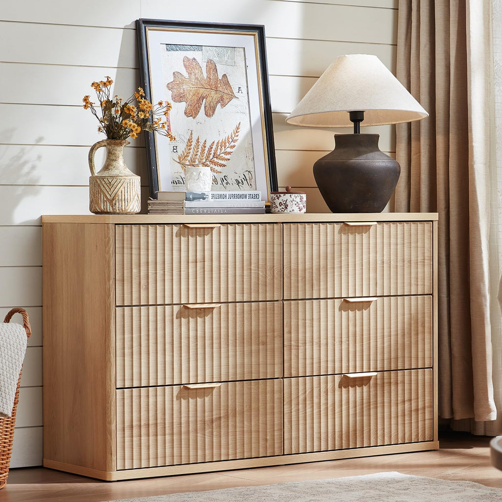 LEYAOYAO Fluted 5 Drawers Dresser for Bedroom, 41" Tall Modern Chest of Drawers with Metal Handle, Curved Profile Design,Natural Wood Drawer Organizer for Bedroom, Living Room, Hallway, Entryway