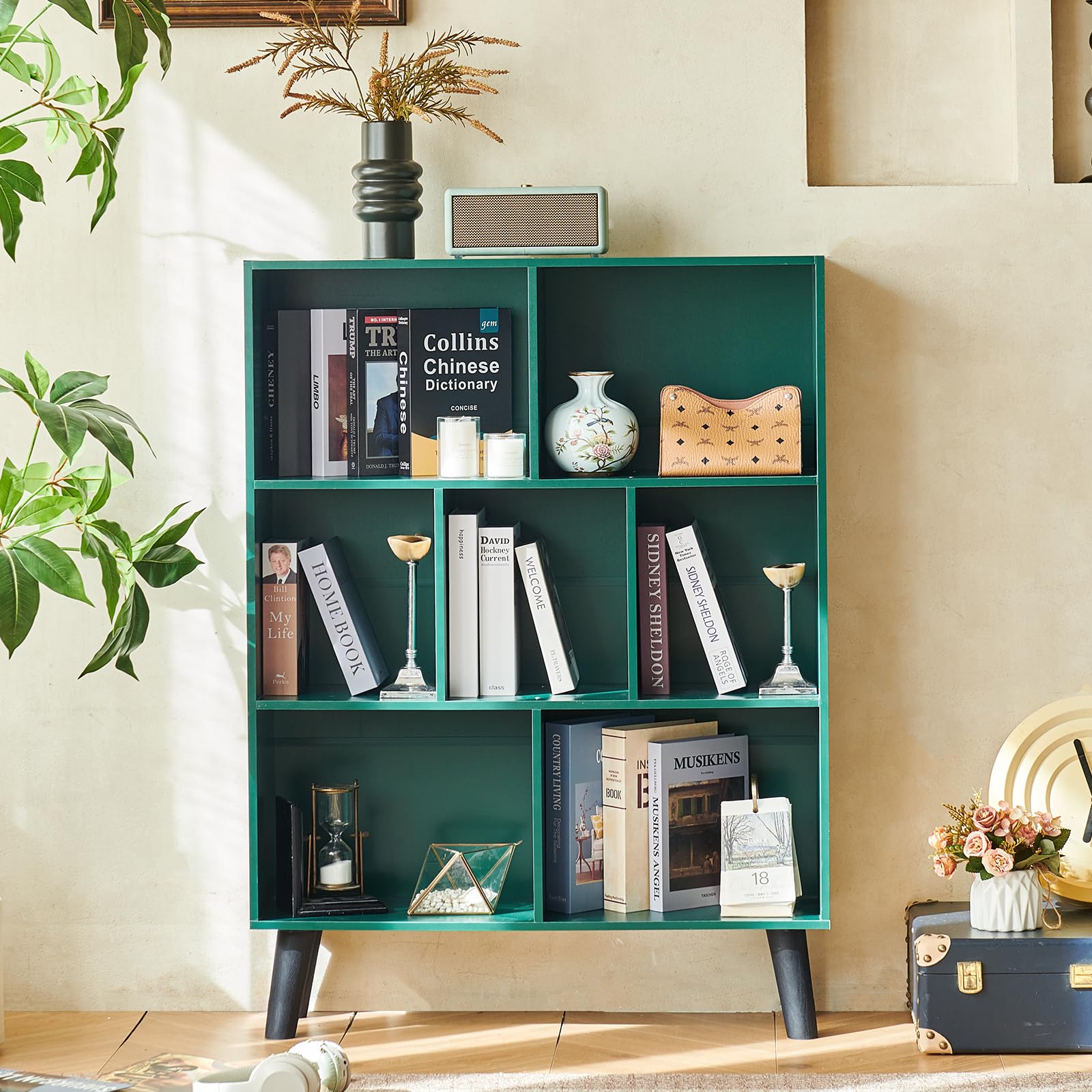 LEYAOYAO 7 Cube Bookshelf, Mid-Century Modern Bookcase Legs,Black Wooden Book Shelves, Wood 3-Tier Freestanding Storage Organizer Display Shelf for Bedroom,Living Room,Office