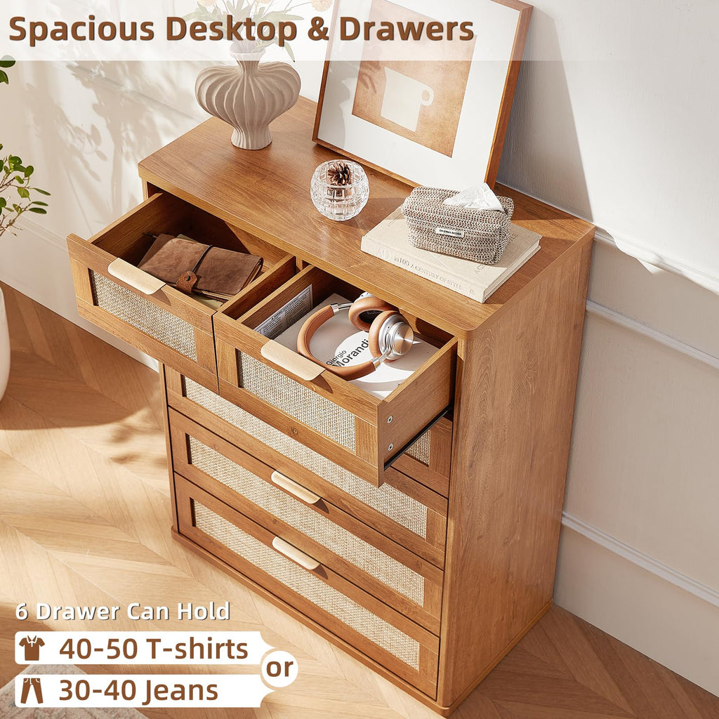 LEYAOYAO Rattan Dressers & Night Stand Set of 3, Boho Wood 48" Wide Dresser & 41"Tall Chest of Drawers, 23" with Charging Station Nightstand, Bedroom Furniture Dresser Set for Home Living Room Hallway