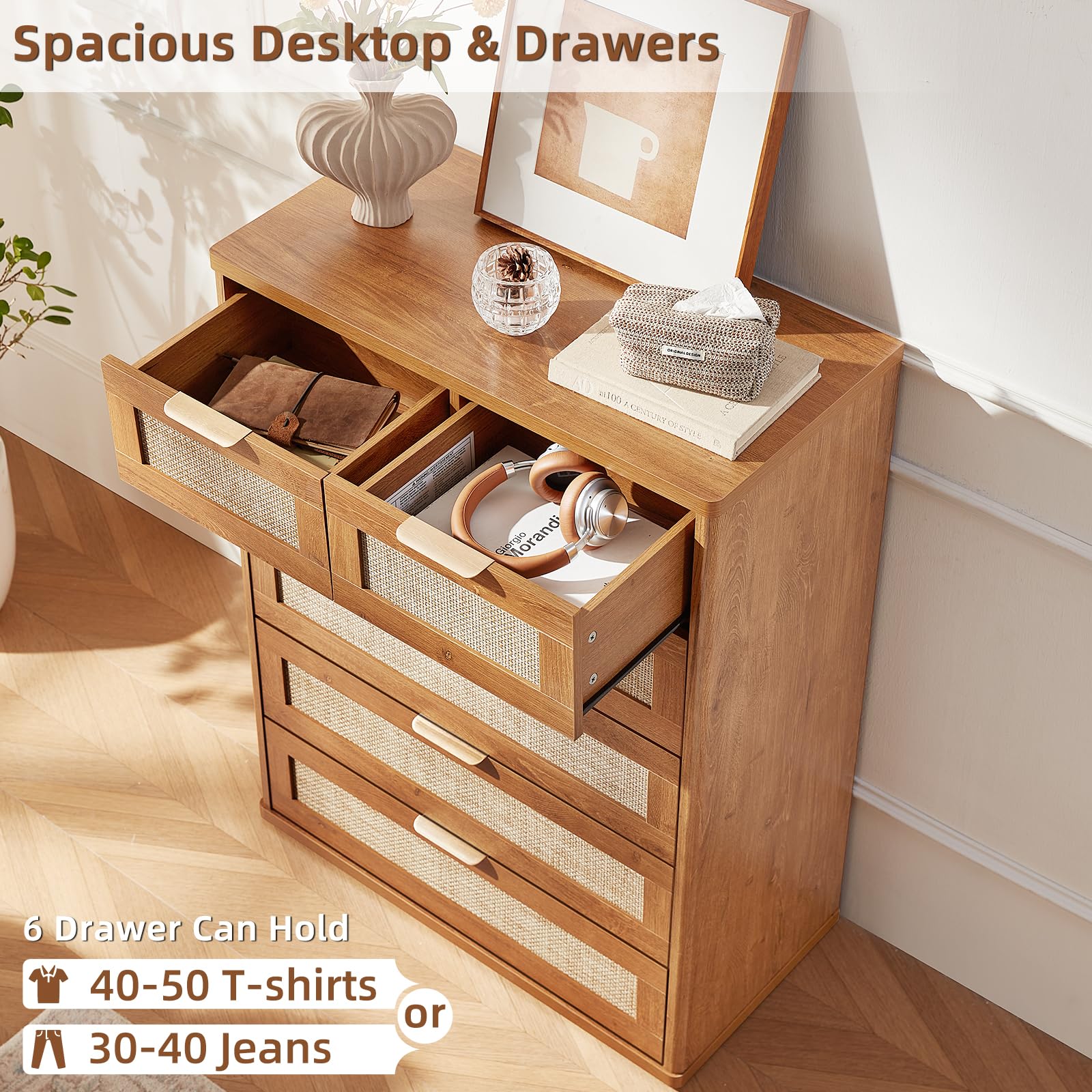 LEYAOYAO Rattan Dresser for Bedroom, 41" Tall Chest of Drawers