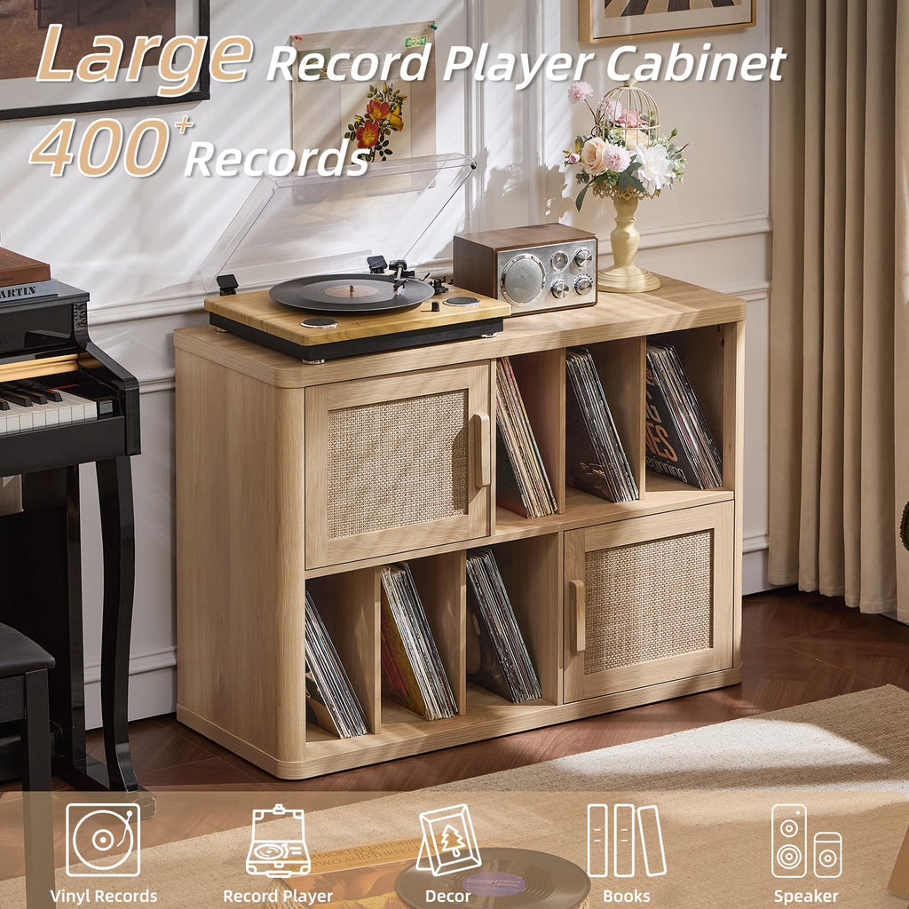 LEYAOYAO Large Record Player Stand with Vinyl Storage Up to 450 Albums, Wood Fluted Record Storage Accent Cabinet, Modern Stereo Media Cabinets, Wide Turntable Stand for Living Room, Antique White