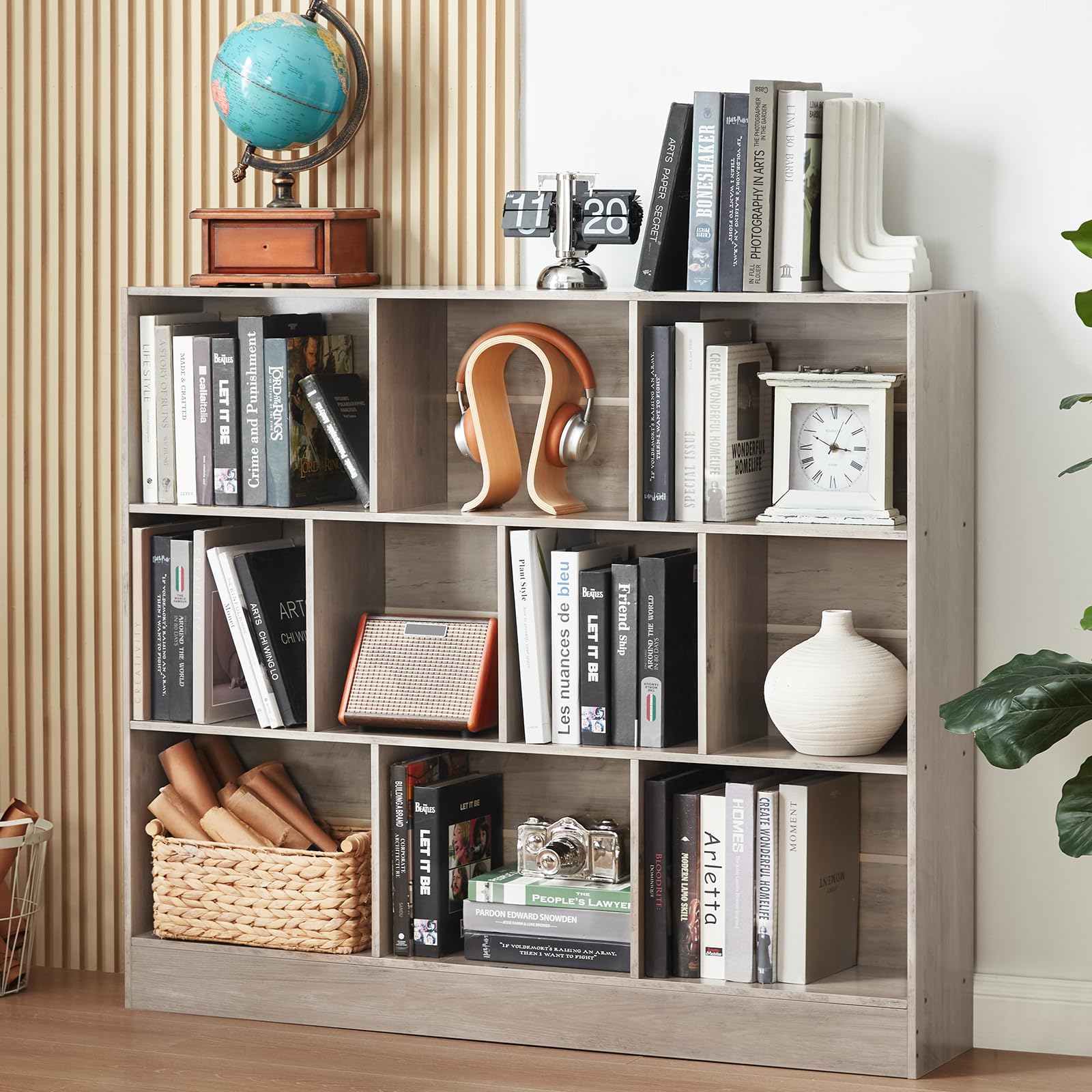 LEYAOYAO 7 Cube Bookshelf with Base,3 Tier Mid-Century Modern Blue Bookcase,Standing Wide Bookshelves Storage Organizer Shelf,Rustic Wood Display Cabinet Book Shelves for Bedroom,Living Room,Office