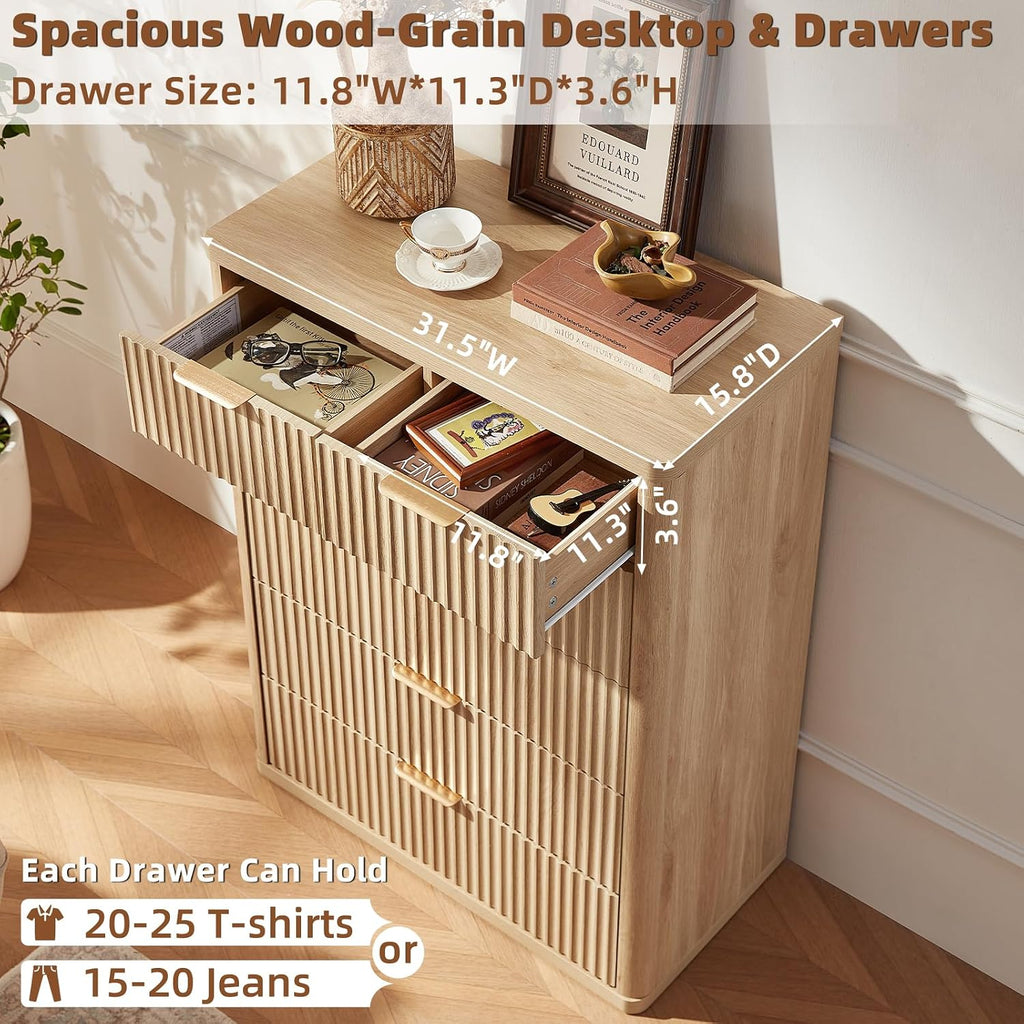 LEYAOYAO Fluted 6 Drawers Dresser for Bedroom Set of 2, 42" Tall Modern Chest of Drawers with Metal Handle, Curved Profile Design,Wood Drawer Organizer for Bedroom,Living Room,Hallway,Natural