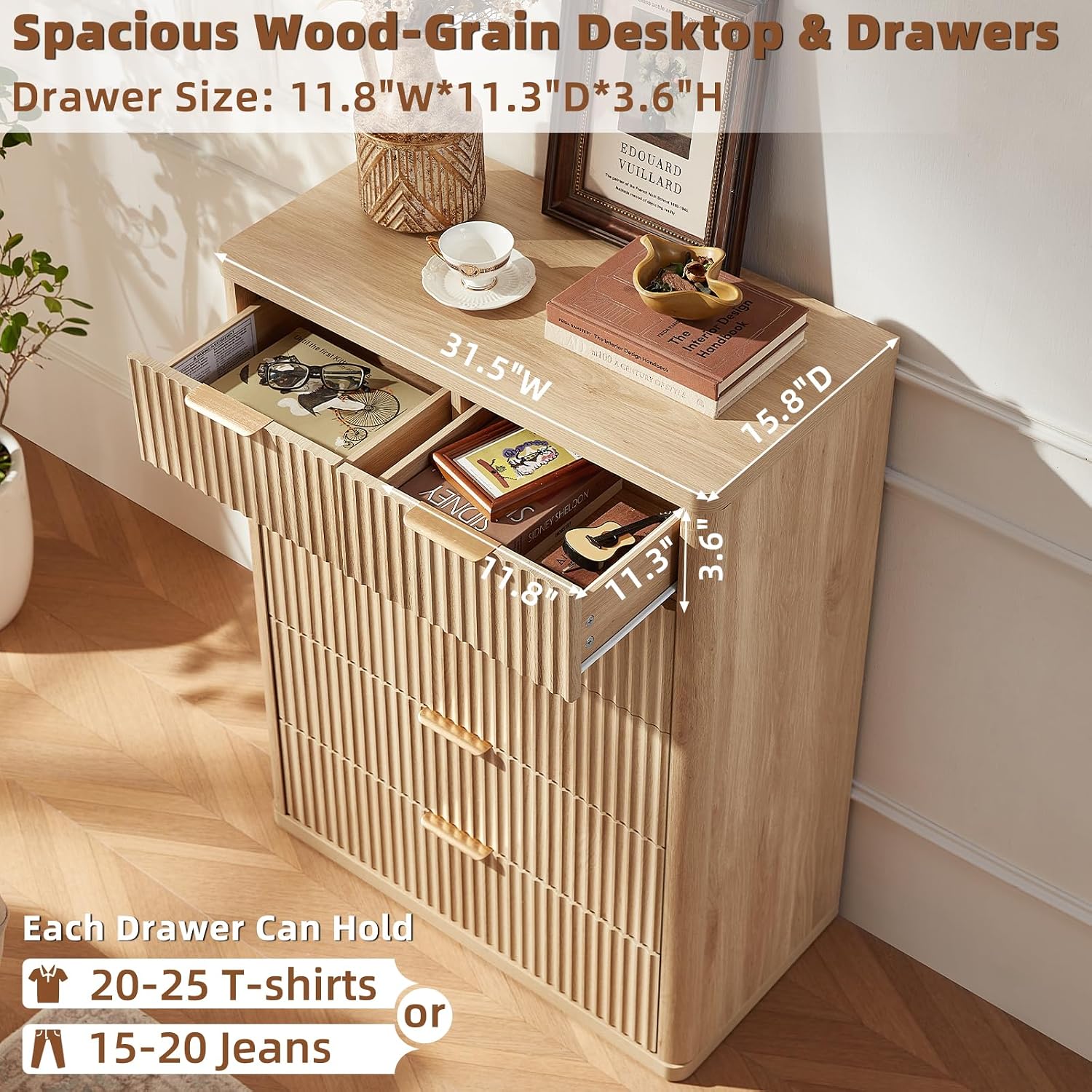 LEYAOYAO Fluted 6 Drawers Dresser for Bedroom Set of 2, 42" Tall Modern Chest of Drawers with Metal Handle, Curved Profile Design,Wood Drawer Organizer for Bedroom,Living Room,Hallway,Natural