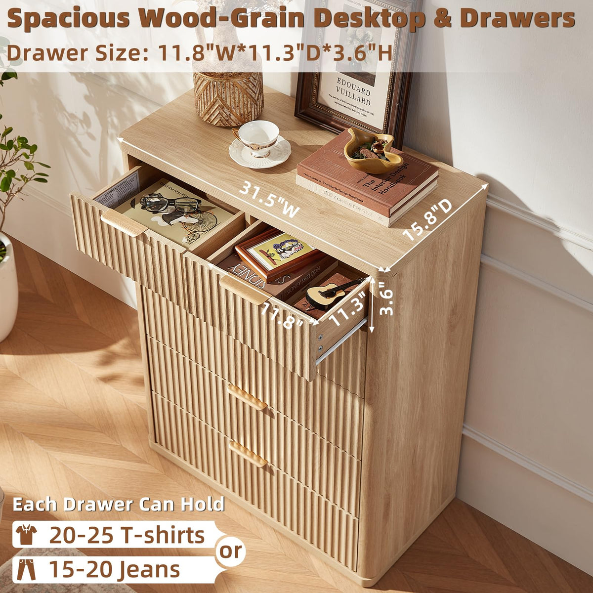 LEYAOYAO Fluted Dressers & Nightstand Set of 4, Wood 48" Wide Dresser & 42" Tall Chest of Drawers,Modern Bedroom Furniture Sets, Black Wooden Nightstand Set of 2 with 2 Drawers & Charging Station
