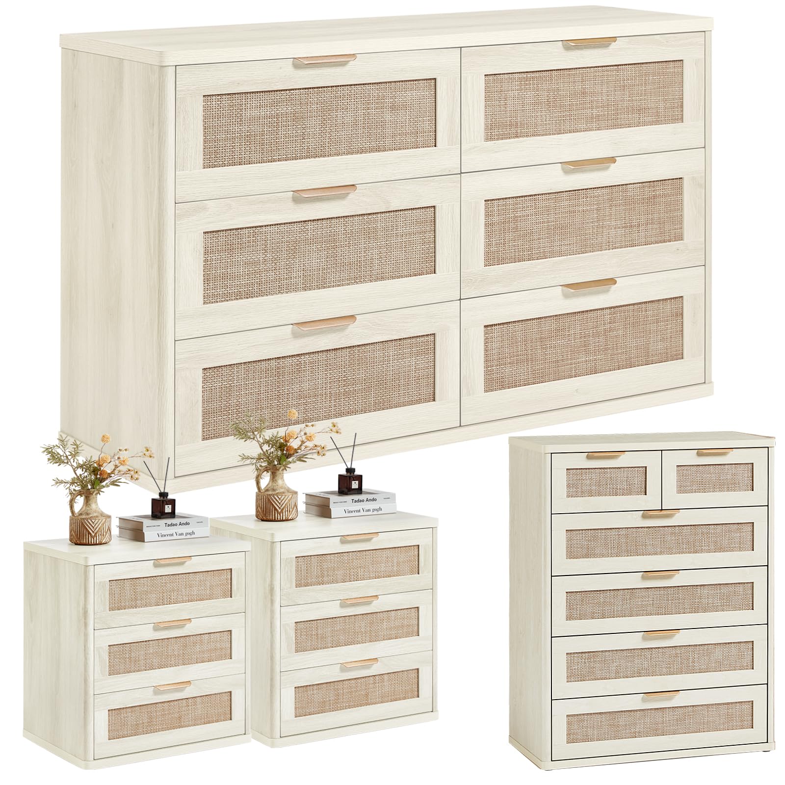 LEYAOYAO Rattan Dresser and Nightstand Sets 4 Piece, Natural