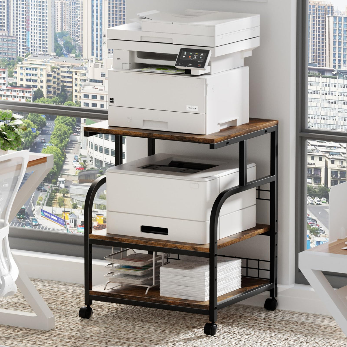Lerliuo 3 Tier Black Large Printer Stand with Adjustable Storage Shelf