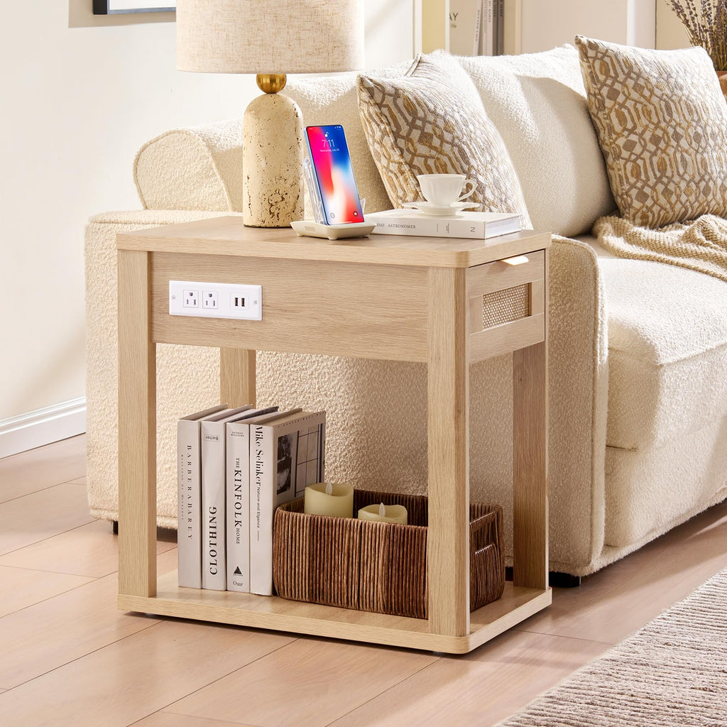 LEYAOYAO Narrow Side Table with Charging Station, Rattan 24 x 14''